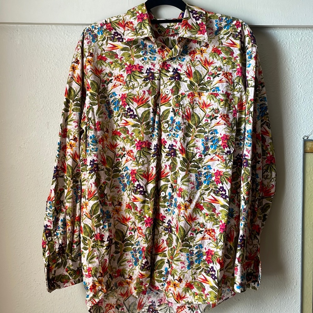 Vintage Alan Flusser tropical floral printed long sleeve cotton button blouse